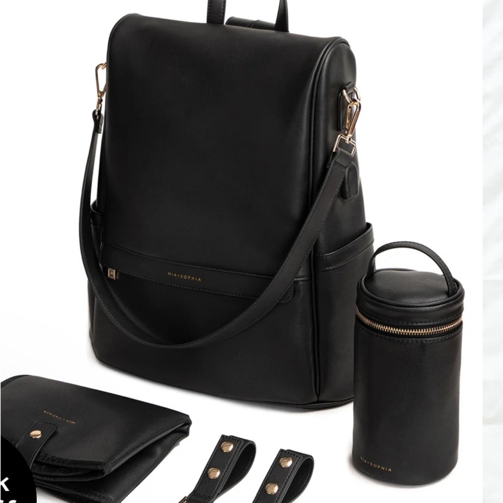 Black Vegan Leather Diaper Bag- Mia + Sophia